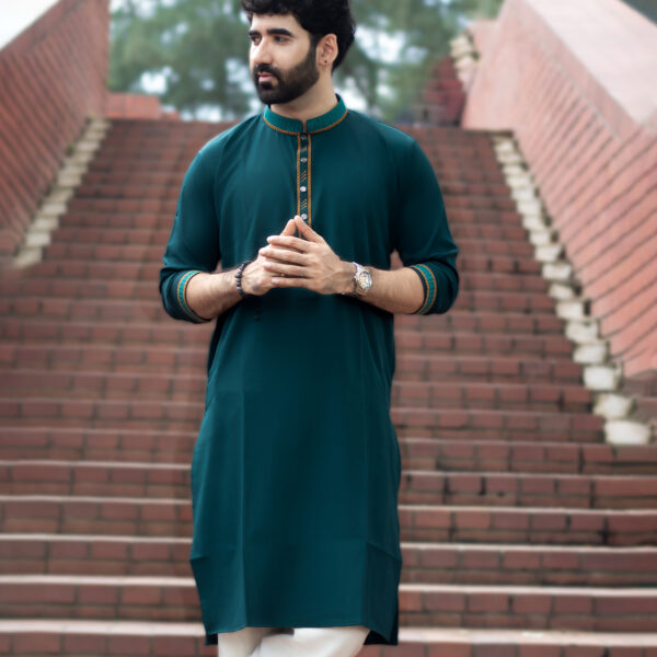 বোটল গ্রিন কালার মাইক্রোস্টিজ এমব্রয়ডারি লাক্সারি পাঞ্জাবি