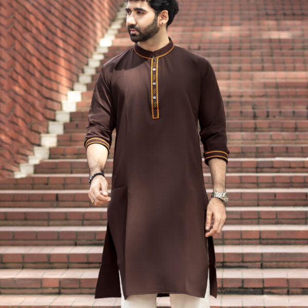 কফি কালার মাইক্রোস্টিজ এমব্রয়ডারি লাক্সারি পাঞ্জাবি