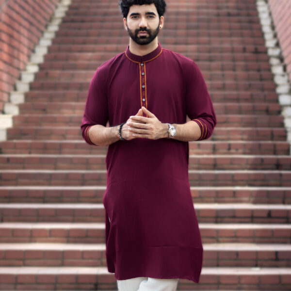 মেরুন কালার মাইক্রোস্টিজ এমব্রয়ডারি লাক্সারি পাঞ্জাবি