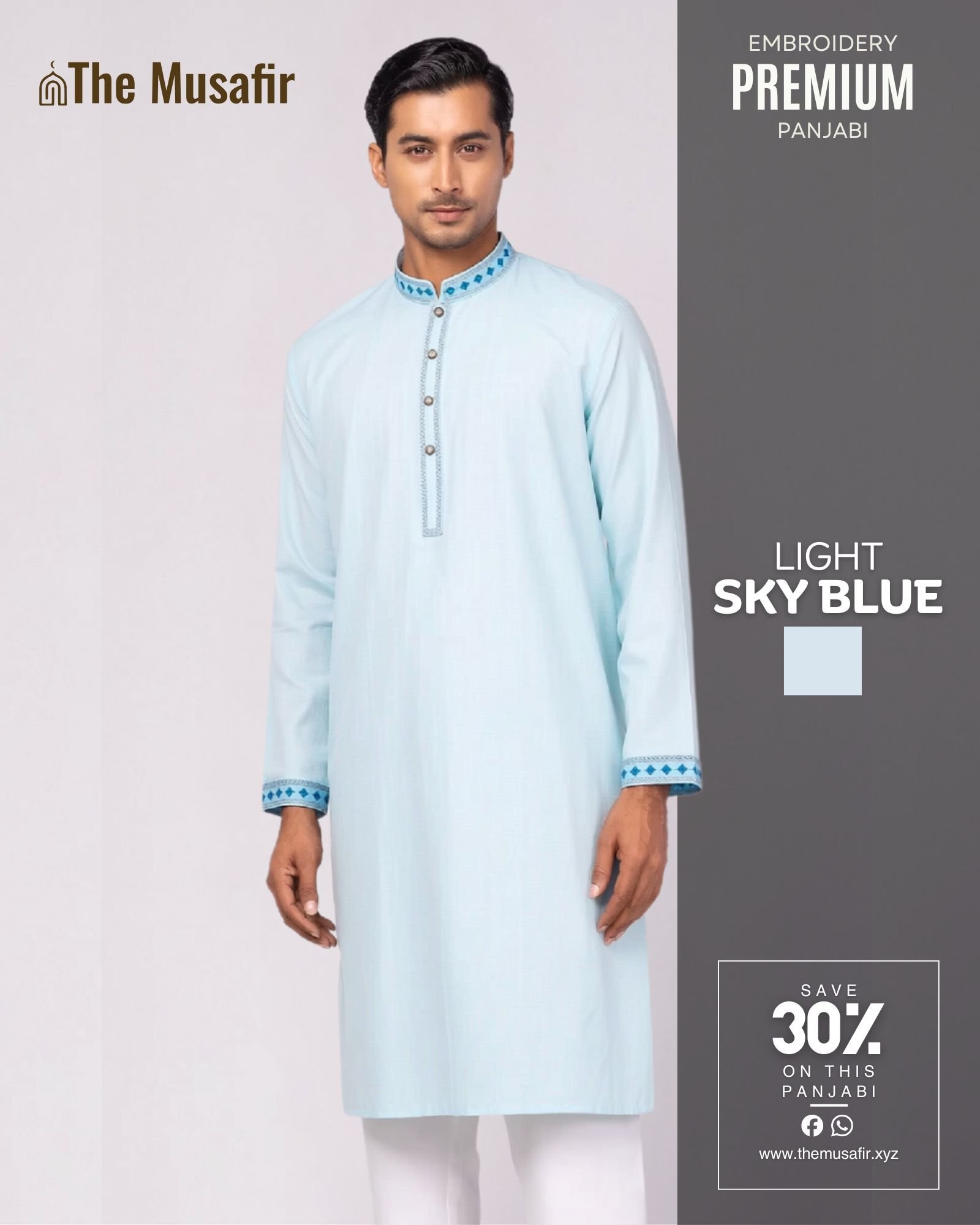 Light-Sky-Blue-color-Cotton-Embroidered-Panjabi.jpg স্কাই ব্লু কালার - প্রিমিয়াম কটন ফেব্রিকের এমব্রয়ডারি পাঞ্জাবি - Image 1