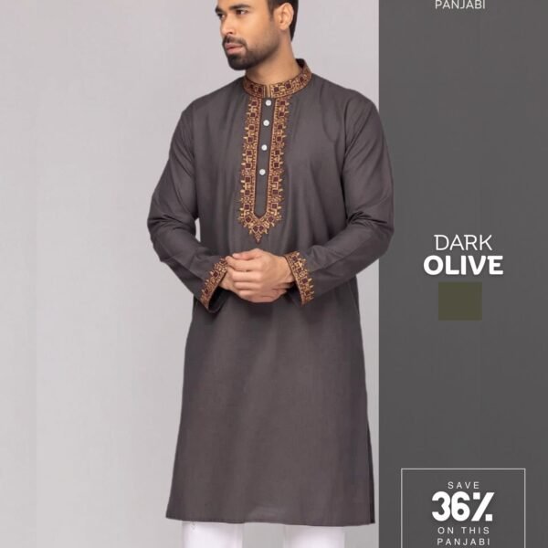 অলিভ কালার - প্রিমিয়াম কটন ফেব্রিকের এমব্রয়ডারি পাঞ্জাবি