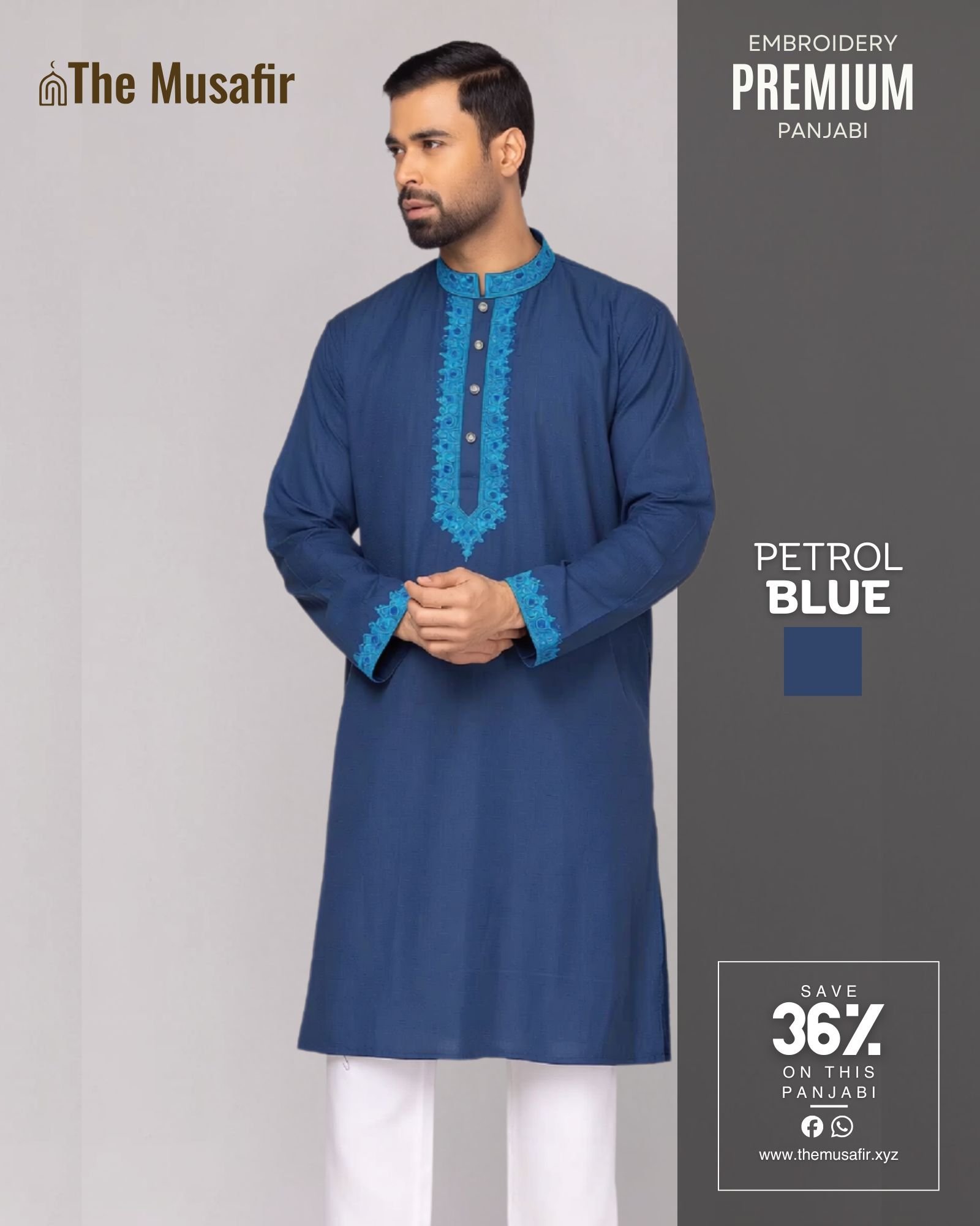Pertol-Blue-color-Cotton-Embroidered-Panjabi.jpg পেট্রোল ব্লু কালার - প্রিমিয়াম কটন ফেব্রিকের এমব্রয়ডারি পাঞ্জাবি - Image 1